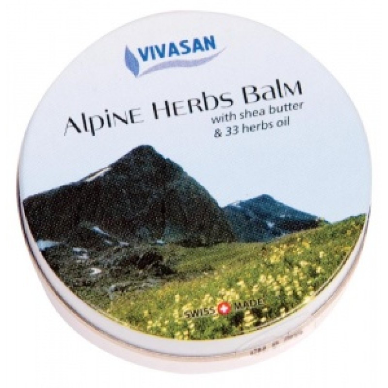Alpių žolelių balzamas su sviestmedžiu ir eteriniais aliejais „Alpine herbs balm with shea butter, 33 herbs oil“, VIVASAN, 10 g