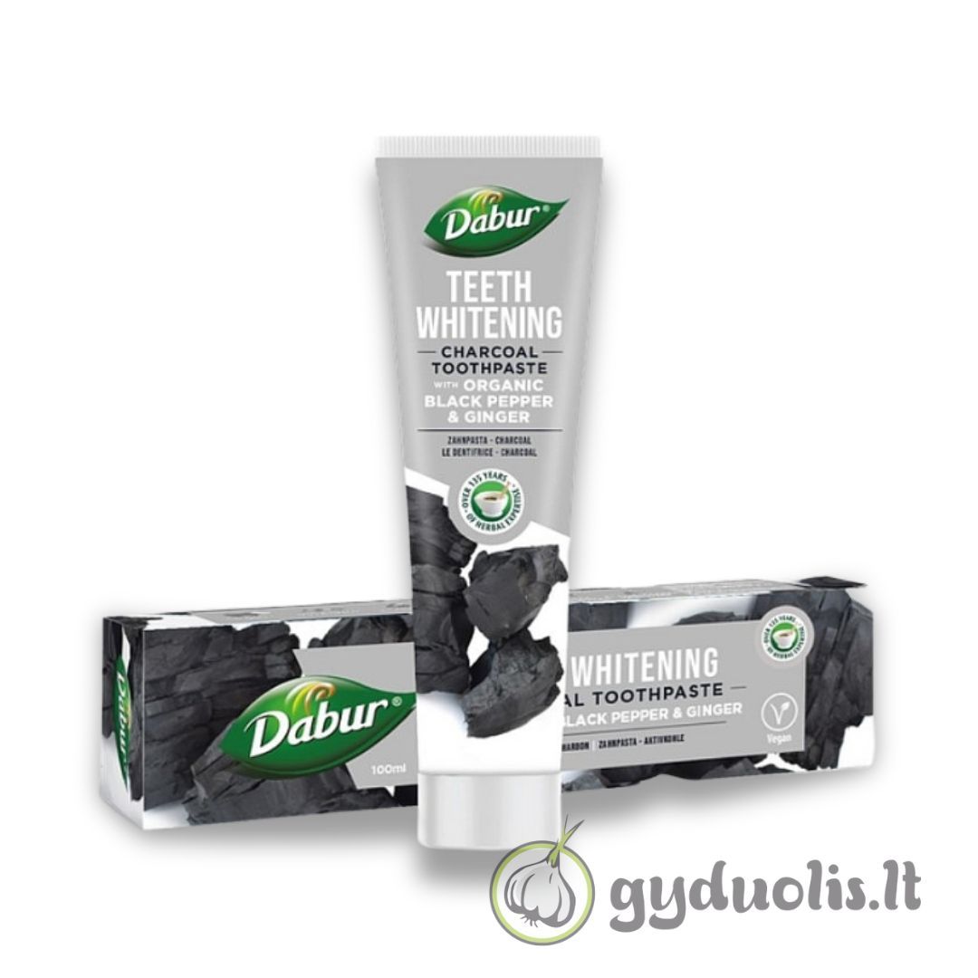 Vaistažolinė dantų pasta su aktyvinta anglimi, pipirais ir imbieru „Charcoal“, balinanti, be fluoro, DABUR, 100 ml