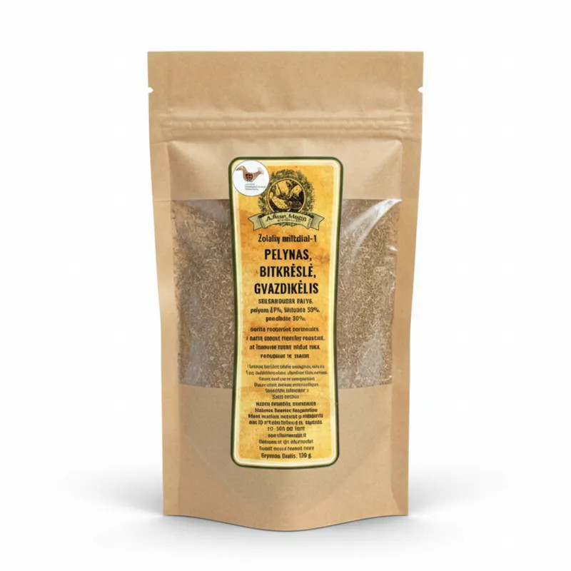 Žolelių milteliai pelynas bitkrėslė gvazdikėlis natūrali arbata sveikatai stiklainyje.