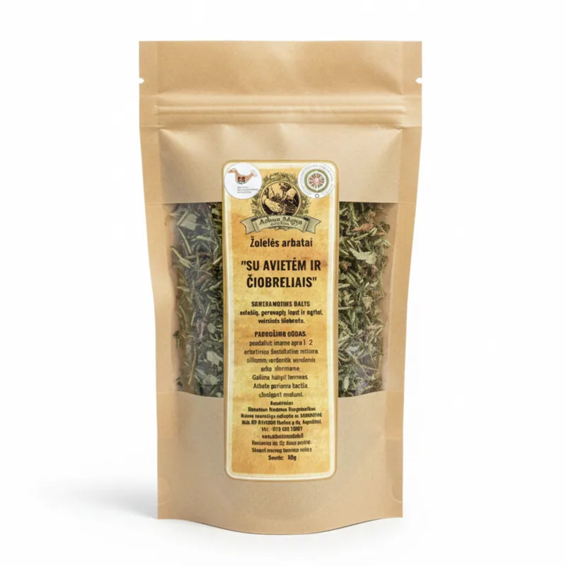 Natūrali žolelių arbata su avietėmis ir čiobreliais, ARBATOS MAGIJA pakuotė.