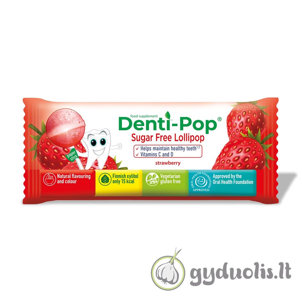 Ledinukas su vitaminais C, D ir ksilitoliu, braškių skonio, DENTI-POP, 6 g