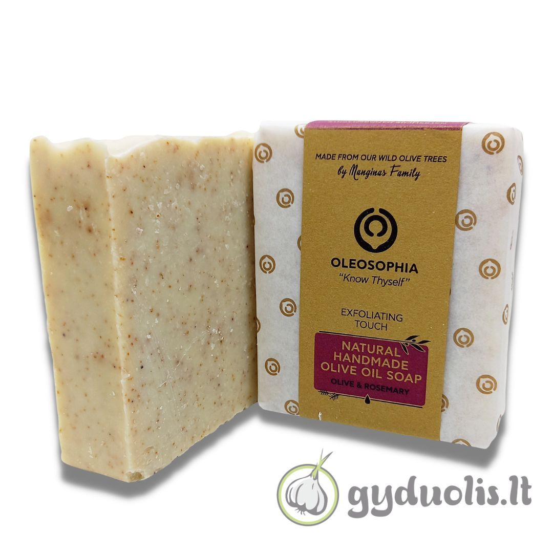 Natūralus rankų darbo alyvuogių aliejaus muilas „Exfoliating touch“, OLEOSOPHIA, 120 g