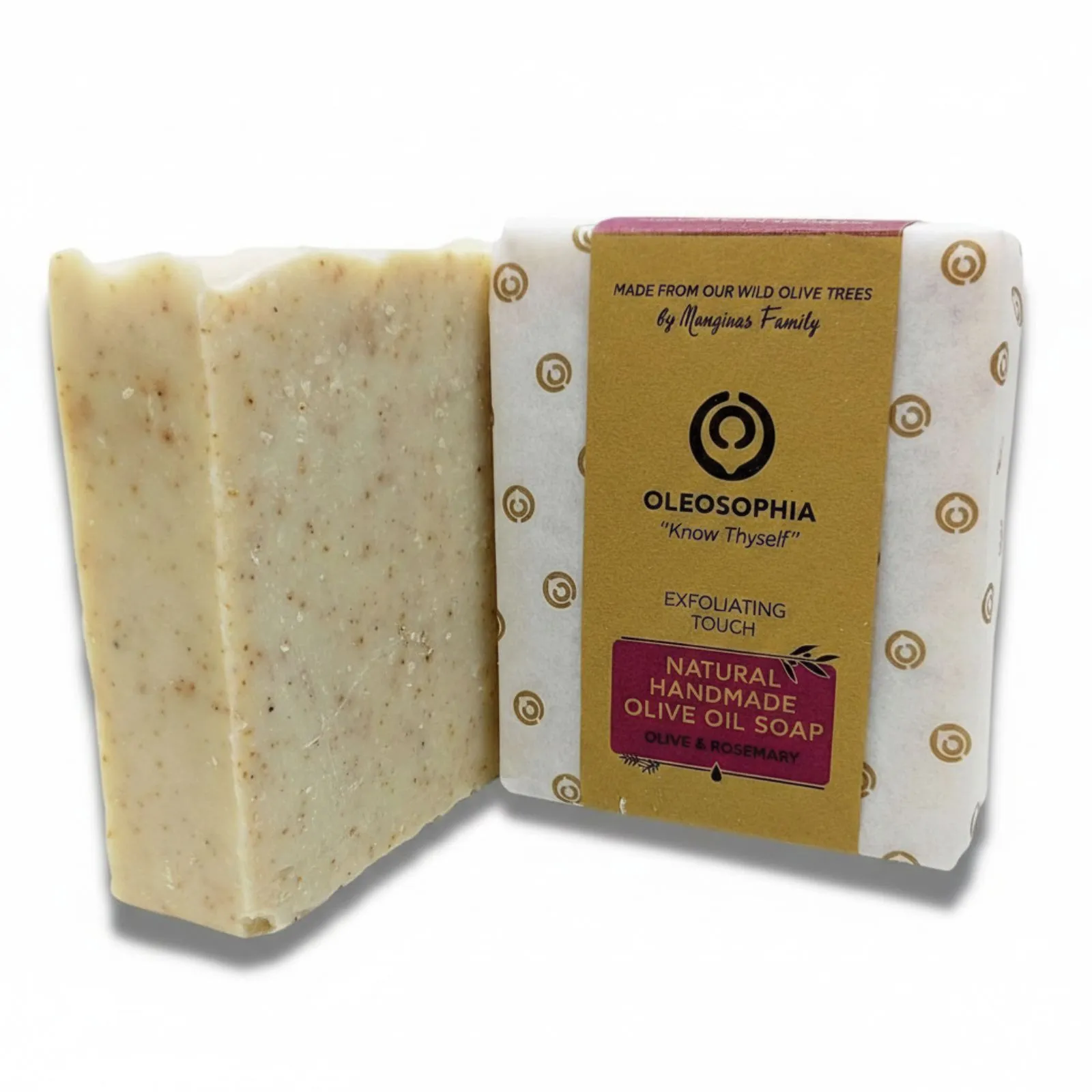 Natūralus rankų darbo alyvuogių muilas OLEOSOPHIA odos šveitimui, 120 g.