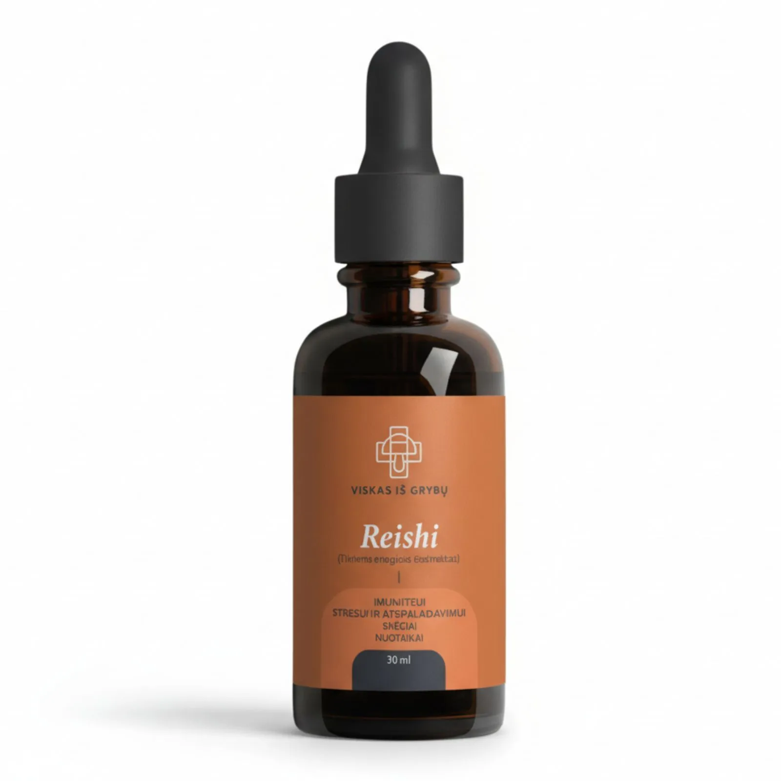 Reishi tikrinio blizgučio tinktūra iš grybų, natūralus papildas imunitetui stiprinti.