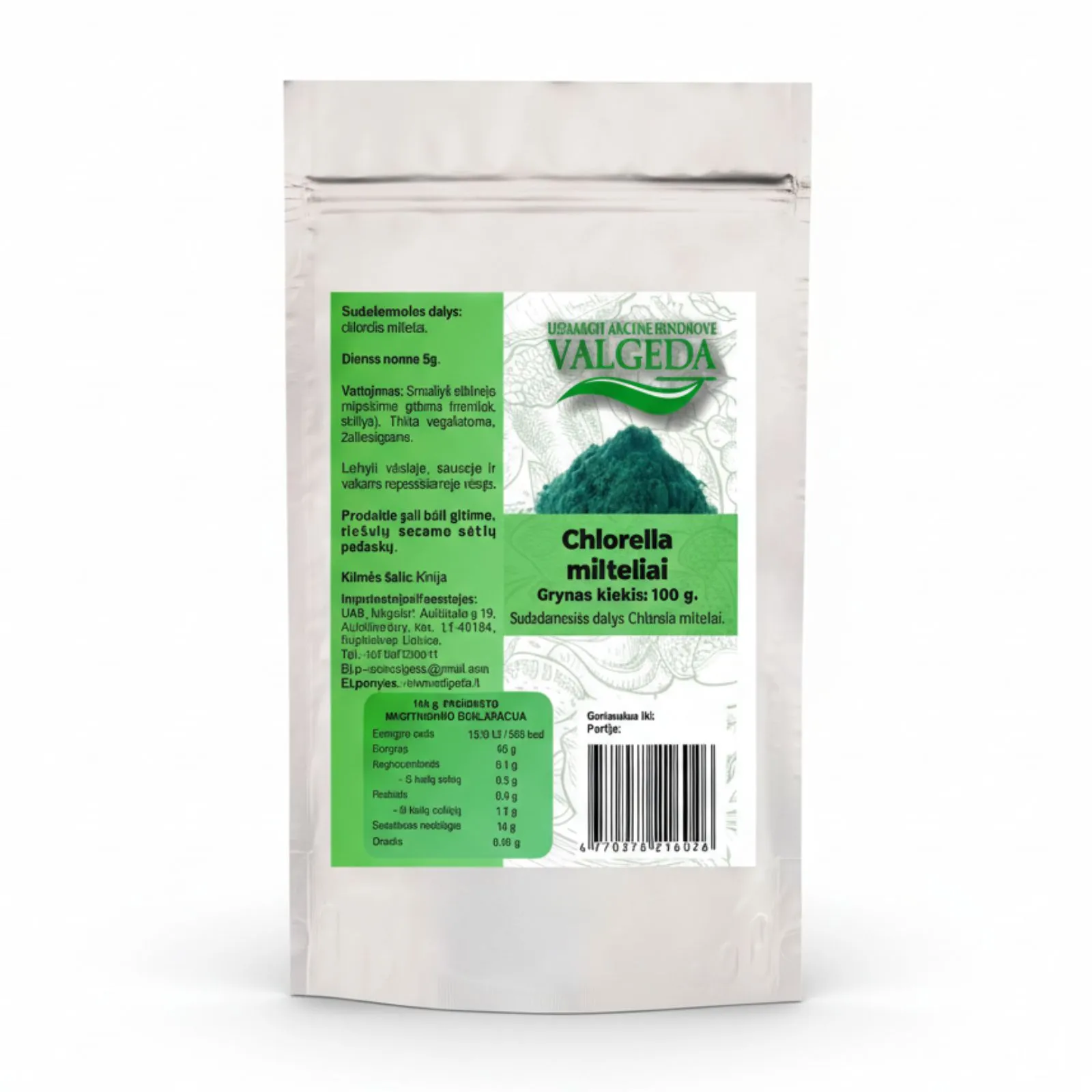 Chlorella milteliai VALGEDA 100 g – natūralus supermaistas sveikai mitybai.