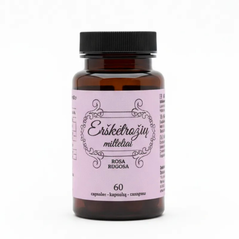 Ekologiški erškėtrožių milteliai kapsulėse imunitetui stiprinti.