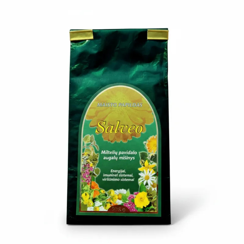 Maisto papildas virškinimui Salveo augalų milteliai 50 g pakuotėje.