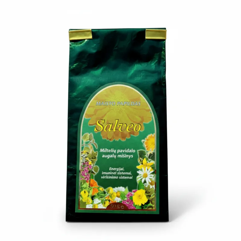 Maisto papildas virškinimui Salveo augalų milteliai 50 g pakuotėje.