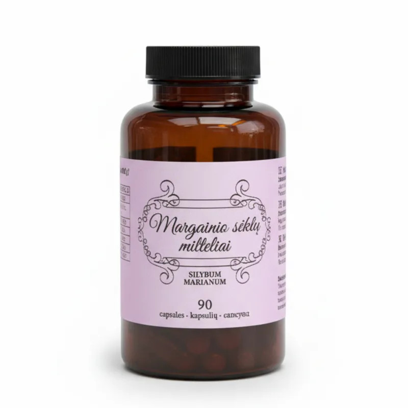Margainio sėklų milteliai kapsulėse, natūralus papildas kepenų sveikatai.