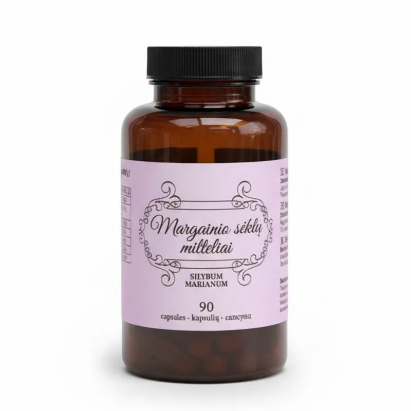 Margainio sėklų milteliai kapsulėse, natūralus papildas kepenų sveikatai.