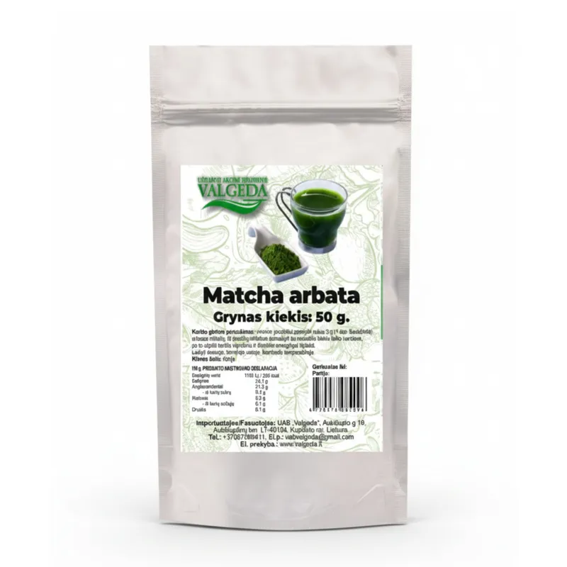Aukštos kokybės japoniška matcha žalioji arbata VALGEDA 50 g pakuotėje.