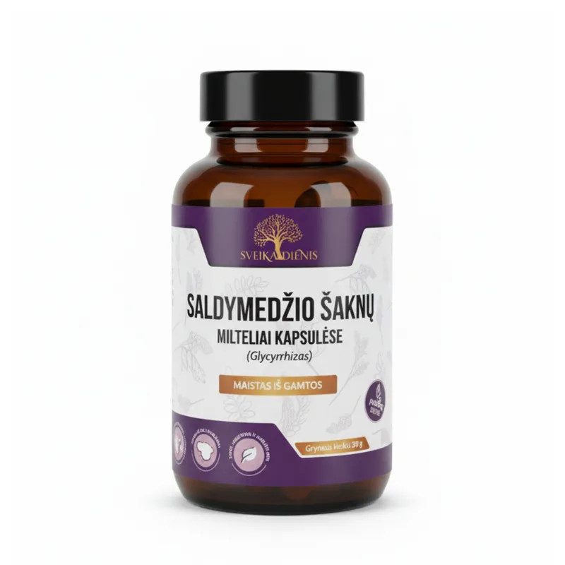 Saldymedžio šaknų milteliai kapsulėse, natūralus papildas virškinimui ir imunitetui.