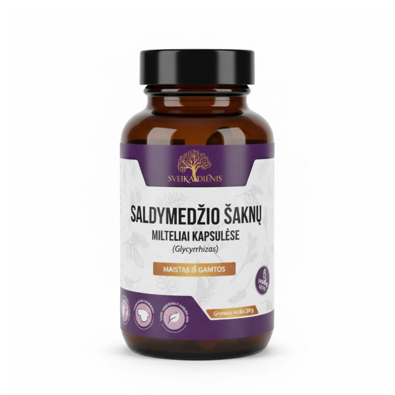Saldymedžio šaknų milteliai kapsulėse, natūralus papildas virškinimui ir imunitetui.