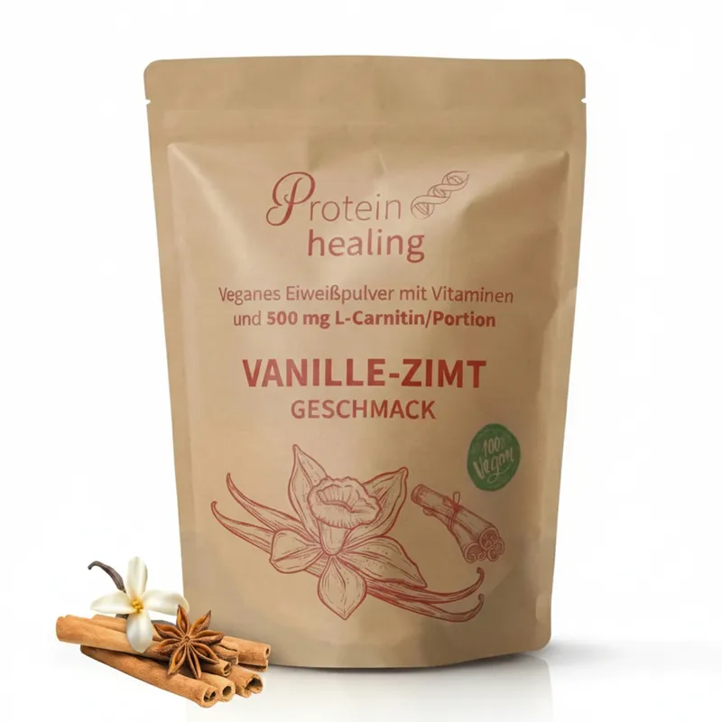 Vegan vanilės cinamono baltymų milteliai sportui ir kasdienai, 500 g pakuotė.