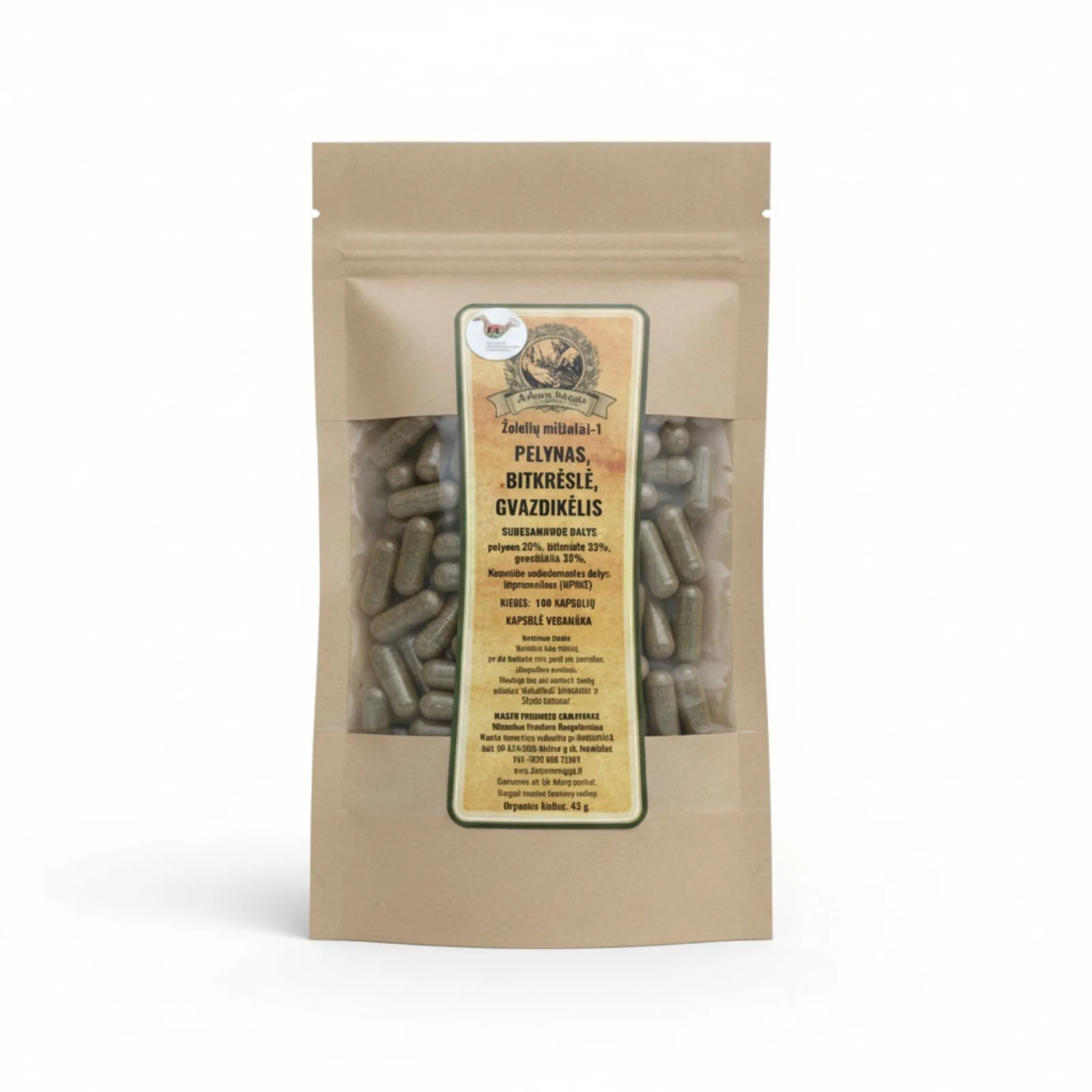 Žolelių kapsulės su pelynu, bitkrėsle ir gvazdikėliu ARBATOS MAGIJA, 100 kapsulių.