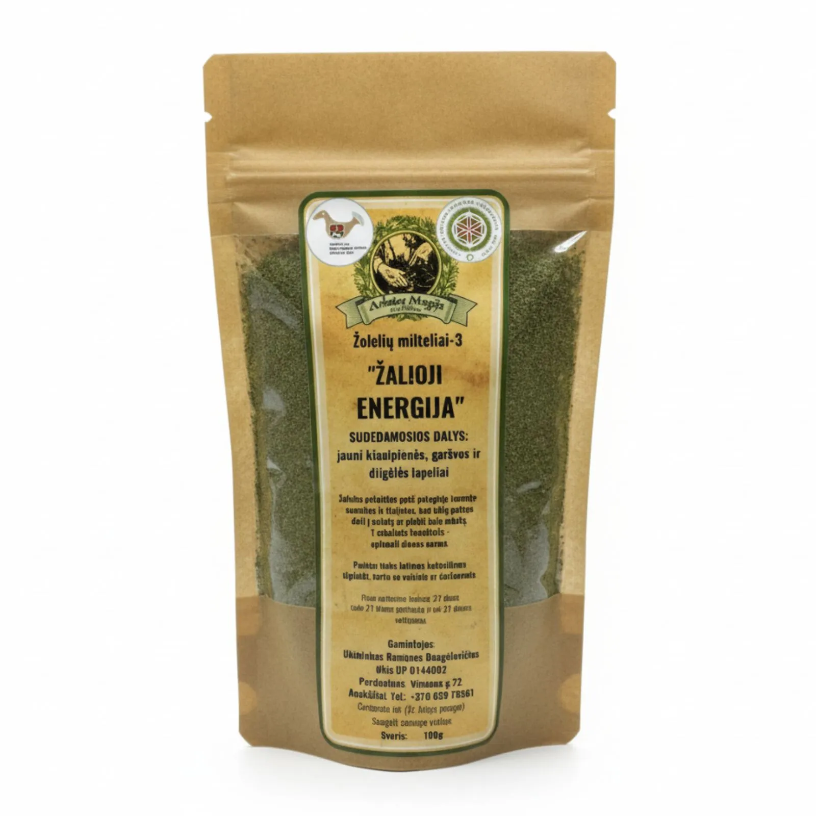 Žolelių milteliai žalioji energija arbatos magija natūralus papildas sveikai gyvensenai.